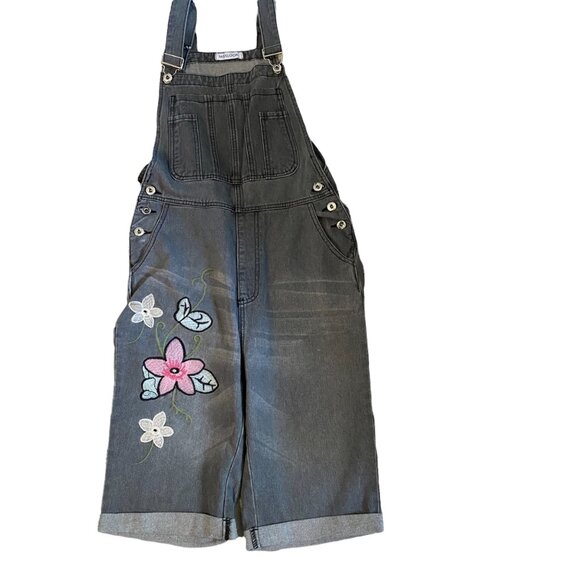 Y2K Misslook Women's Gray Floral Embroidered Short Overalls Size M - Picture 1 of 5